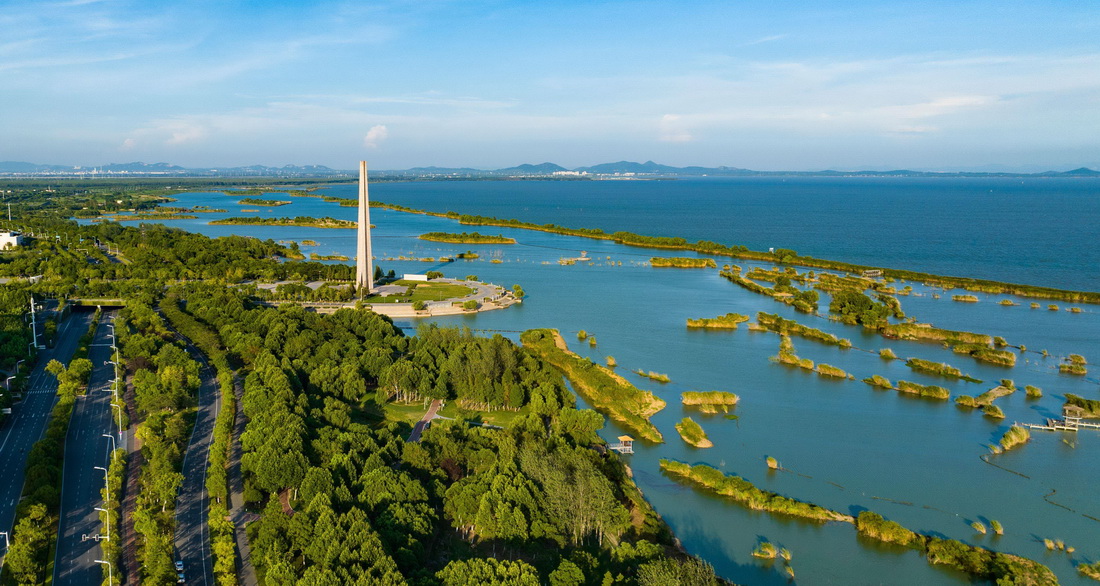 这是2022年8月5日拍摄的位于合肥市包河区的巢湖湖滨湿地（无人机照片）。 新华社发（叶玉庭 摄）